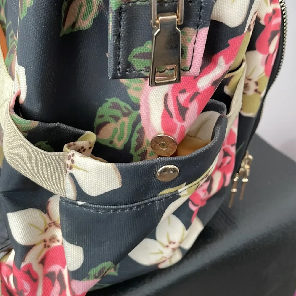 Floral Convertible Backpack Tote - Black with Pink Roses